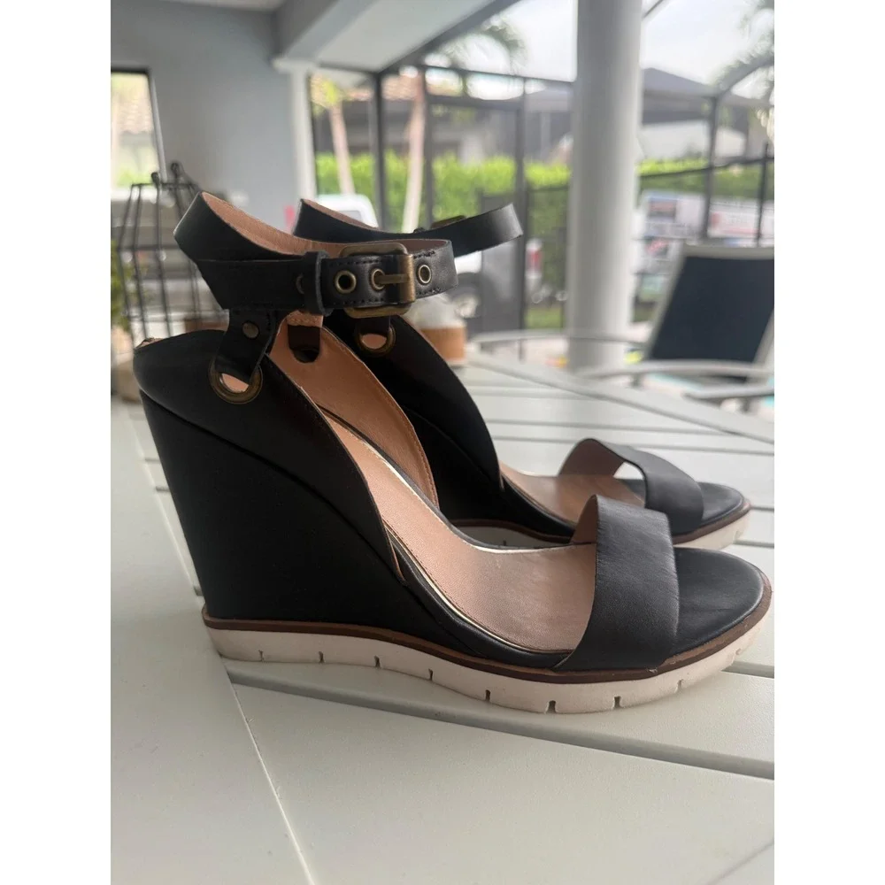 Linea Paolo Ella Womens Black Leather Wedge Sandals Ankle Strap Shoes